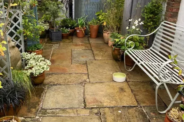 A paved area with a clean surface and without weeds, having been pressure washed.